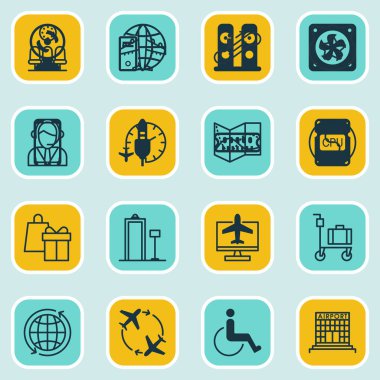 16 seyahat simgeleri ayarlayın. Güvenlik tarayıcı, sinek çevresinde, operatör ve diğer simgeler içerir. Güzel tasarım öğeleri.