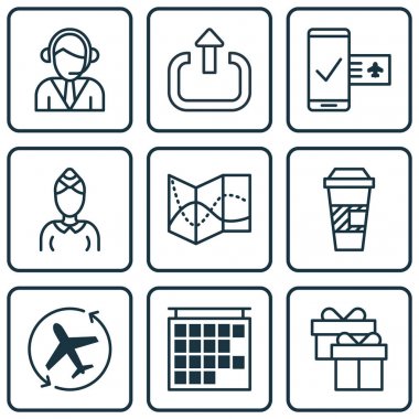 9 seyahat simgeleri ayarlayın. Telefon rezervasyon, hostes, kalkış bilgileri ve diğer simgeleri içerir. Güzel tasarım öğeleri.