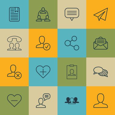 16 sosyal simgeler kümesi. İçerir kaydetmek için sayfa Not, profil ve diğer semboller onaylayın. Güzel tasarım öğeleri.