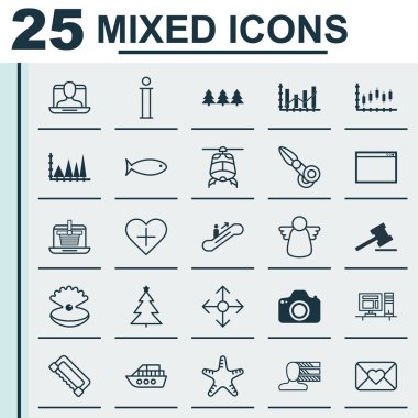 25 evrensel düzenlenebilir simgeler kümesi. Web, mobil ve App tasarım için kullanılabilir. Hareketli merdiven, kutlama mektubu, helikopter ve daha fazlası gibi unsurları içerir.