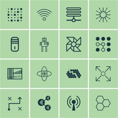 16 makine öğrenme simgeler kümesi. Hafiflik modu, anabilgisayar, Bilgi Bankası ve diğer simgeleri içerir. Güzel tasarım öğeleri.