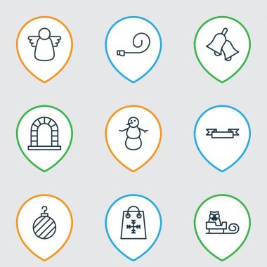 9 Noel simgeler kümesi. Kış, içerir düdük, kemer ve diğer simgeler kutlamak. Güzel tasarım öğeleri.