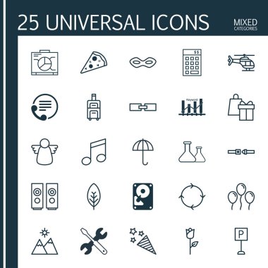 25 evrensel düzenlenebilir simgeler kümesi. Web, mobil ve App tasarım için kullanılabilir. Tornavida ile dilimlenmiş Pizza ve daha fazla İngiliz anahtarı, ağaç yaprak, gibi öğeleri içerir.