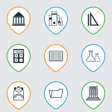 9 eğitim simgeler kümesi. Akademi, ölçüm, Kütüphane ve diğer simgeleri içerir. Güzel tasarım öğeleri.