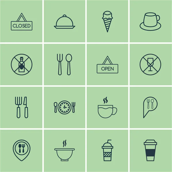 Conjunto de 16 ícones comendo. Inclui Placard fechado, hora da refeição, chá e outros símbolos. Elementos de design bonito . —  Vetores de Stock