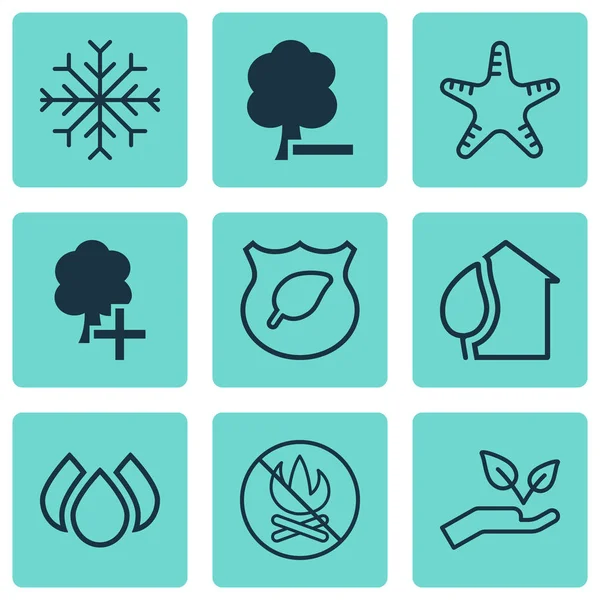 Conjunto de 9 Ícones Eco-Friendly. Inclui Salvar mundo, Inserir madeiras, Excluir madeiras e outros símbolos. Elementos de design bonito . —  Vetores de Stock