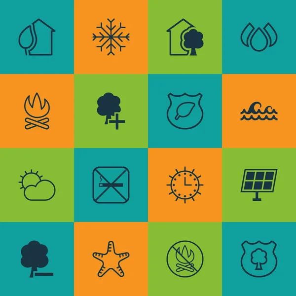 Set van 16 Eco-vriendelijke iconen. Sun Clock, invoegen Woods, duidelijk klimaat en andere symbolen bevat. Mooie designelementen. — Stockvector
