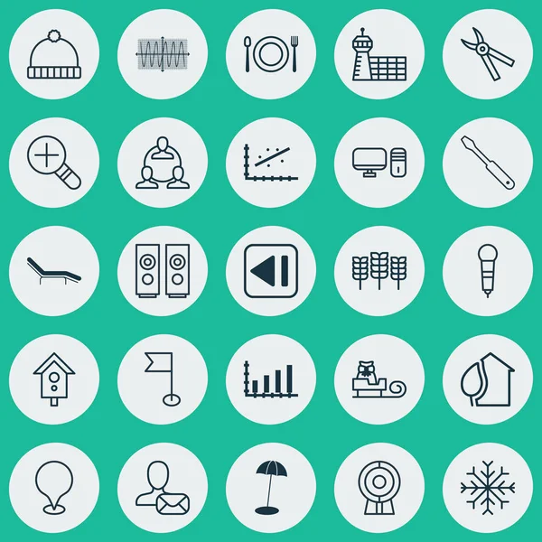 Sor 25 univerzális szerkeszthető ikonok. Lehet használni a Web, mobil és App Design. Magában foglalja a elemeket, mint a haza, napernyő parton, búza, és több. — Stock Vector