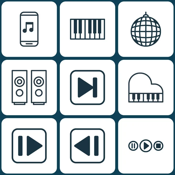 Conjunto de 9 ícones de áudio. Inclui música UI, áudio móvel, piano e outros símbolos. Elementos de design bonito . — Vetor de Stock