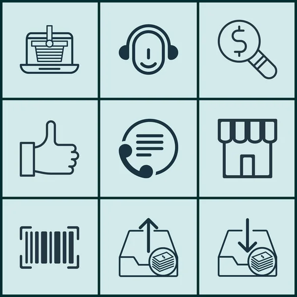 Conjunto de 9 iconos de comercio. Incluye Teléfono, Inspección de Negocios, Empleados y Otros Símbolos. Hermosos elementos de diseño . — Archivo Imágenes Vectoriales