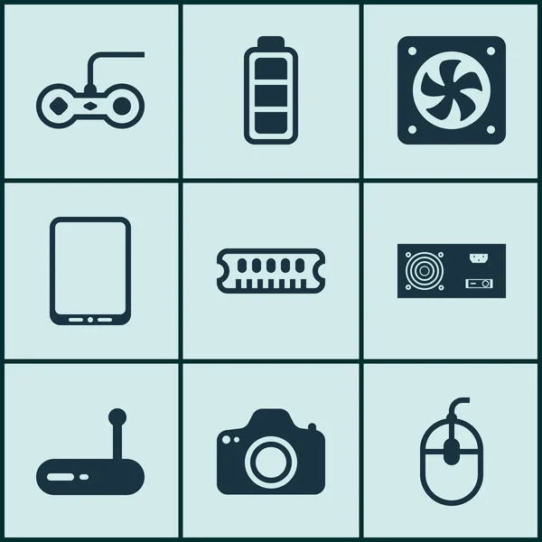 Set van 9 Computer Hardware iconen. Inclusief Router, Power Generator, dynamische geheugen en andere symbolen. Mooie designelementen. — Stockvector