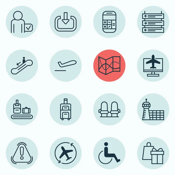 Conjunto de 16 iconos de transporte. Incluye sillón, cálculo, construcción de aeropuertos y otros símbolos. Hermosos elementos de diseño . — Vector de stock