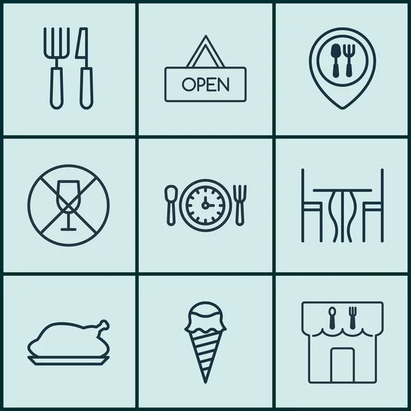 Conjunto de 9 ícones de refeição. Inclui sobremesa, álcool proibido, sala de jantar e outros símbolos. Elementos de design bonito . — Vetor de Stock