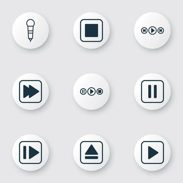 Набор из 9 аудио-иконок. Включая микрофон, пользовательский интерфейс песни, аудиогарнитуру и другие функции. Элементы дизайна . — стоковый вектор