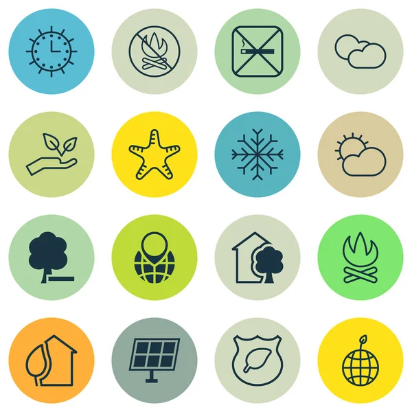 Set di 16 icone eco-compatibili. Include sigarette, cumulo di nuvole, salvare il mondo e altri simboli. Bellissimi elementi di design . — Vettoriale Stock