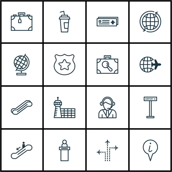 Conjunto de 16 iconos de viaje. Incluye tarjeta de aeropuerto, operador, investigación de equipaje y otros símbolos. Hermosos elementos de diseño . — Vector de stock