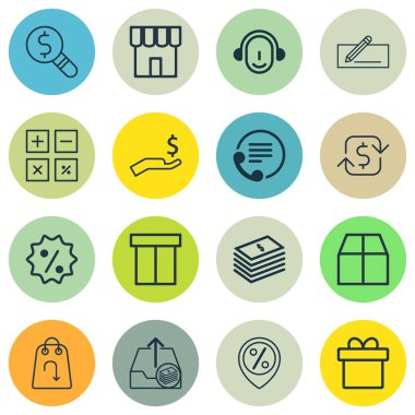 16 ticaret simgeler kümesi. Hesaplama aracı, zengin, para iadesi ve diğer simgeleri içerir. Güzel tasarım öğeleri.