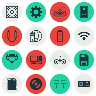 16 bilgisayar donanım simgeler kümesi. Internet ağı, pil, bağlı cihazlar ve diğer simgeleri içerir. Güzel tasarım öğeleri.