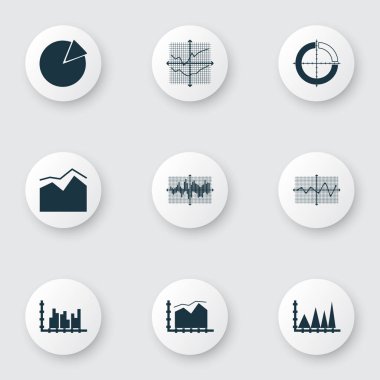 Grafikler, diyagramlar ve istatistik simgeleri kümesi. Kaliteli sembol koleksiyonu. Simgeler web, uygulama ve UI tasarımı için kullanılabilir.