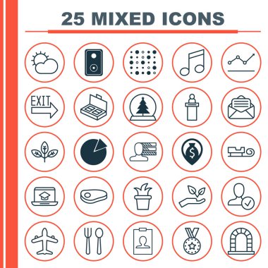 25 evrensel düzenlenebilir simgeler kümesi. Web, mobil ve App tasarım için kullanılabilir. Onaylayın profil, Jet ve daha fazla para gezinti gibi unsurları içerir.