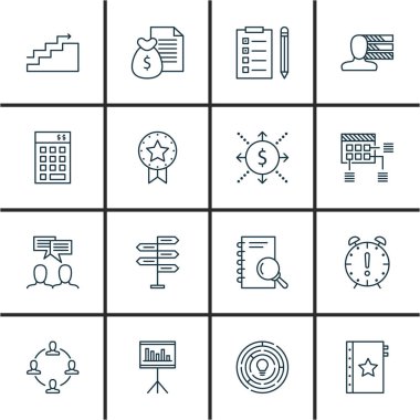 16 proje yönetimi simgeler kümesi. Büyüme, para, rapor ve diğer simgeleri içerir. Güzel tasarım öğeleri.