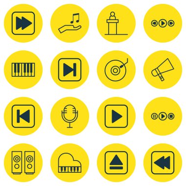 16 ses simgeler kümesi. Piyano, başlangıç şarkı, ses kutusu ve diğer simgeleri içerir. Güzel tasarım öğeleri.