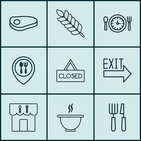 Conjunto de 9 ícones de comida. Inclui placa fechada, bife, tigela e outros símbolos. Elementos de design bonito . — Vetor de Stock