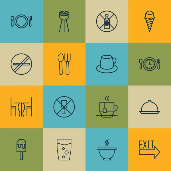 Conjunto de 16 ícones de comida. Inclui xícara de café, Lolly, porta e outros símbolos. Elementos de design bonito . —  Vetores de Stock