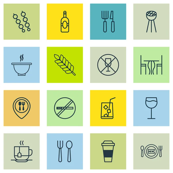 Набор из 16 иконок для ресторанов. Включает горячий напиток, чашу, столовую и другие символы. Элементы дизайна . — стоковый вектор