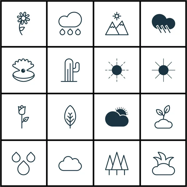 Set di 16 icone della natura. Include tempo soleggiato, sole, cespuglio e altri simboli. Bellissimi elementi di design . — Vettoriale Stock