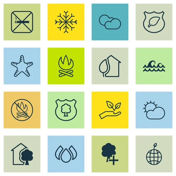 Set van 16 Eco-vriendelijke iconen. Bevat vuur verboden, Ocean Wave, Sea Star en andere symbolen. Mooie designelementen. — Stockvector