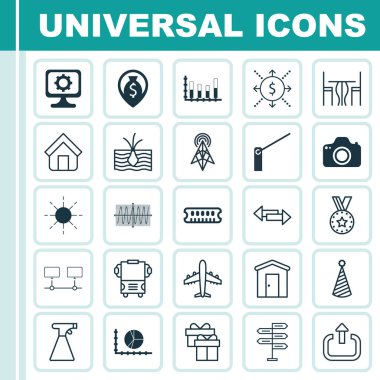 25 evrensel düzenlenebilir simgeler kümesi. Web, mobil ve App tasarım için kullanılabilir. Yemek odası, para gezinti, kablosuz yönlendirici ve daha fazlası gibi unsurları içerir.
