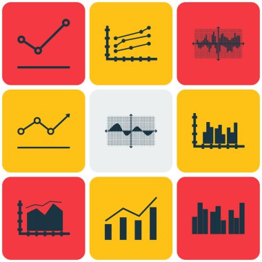 Grafikler, diyagramlar ve istatistik simgeleri kümesi. Kaliteli sembol koleksiyonu. Simgeler web, uygulama ve UI tasarımı için kullanılabilir.