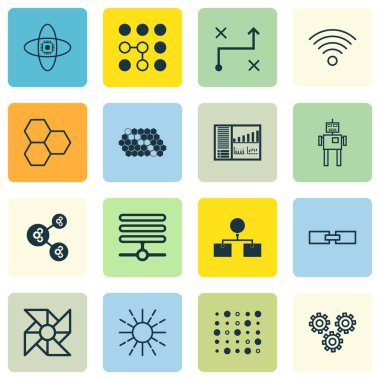 16 Robotik simgeler kümesi. Bilgi Bankası, çözüm, bilgisayar sorunları ve diğer simgeler içerir. Güzel tasarım öğeleri.