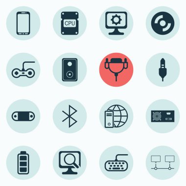 16 bilgisayar donanım simgeler kümesi. Ses aygıtı, Internet ağı, akıllı telefon ve diğer simgeleri içerir. Güzel tasarım öğeleri.