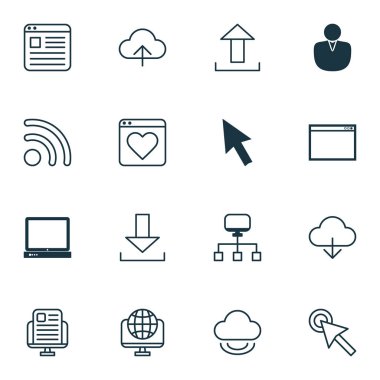 16 Internet simge kümesi. Program, Web sayfası, Wifi ve diğer simgeleri içerir. Güzel tasarım öğeleri.