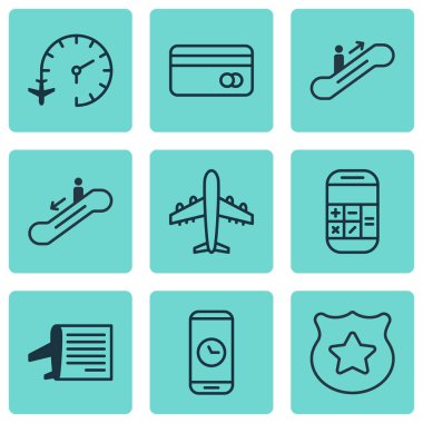 9 seyahat simgeler kümesi. Uçus tarifesi, merdivenden, hareketli merdiven ve diğer simgeler içerir. Güzel tasarım öğeleri.