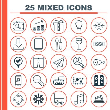 25 evrensel düzenlenebilir simgeler kümesi. Web, mobil ve App tasarım için kullanılabilir. Hediye, kızarmış tavuk, ekose desenli işaretçisini ve daha fazlası gibi unsurları içerir.