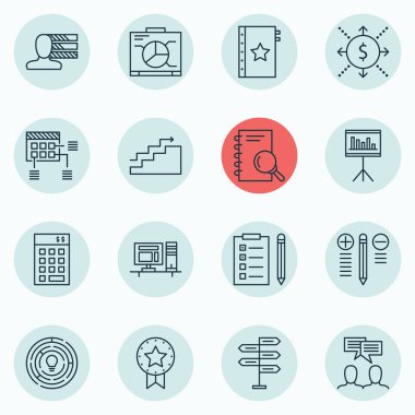 16 proje yönetimi simgeler kümesi. Zamanlama, yatırım, fırsat ve diğer simgeleri içerir. Güzel tasarım öğeleri.