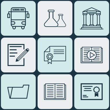 9 okul simgeler kümesi. Diploma, bantlanmış kitap, kağıt ve diğer simgeleri içerir. Güzel tasarım öğeleri.