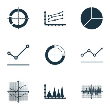Grafikler, diyagramlar ve istatistik simgeleri kümesi. Kaliteli sembol koleksiyonu. Simgeler web, uygulama ve UI tasarımı için kullanılabilir.