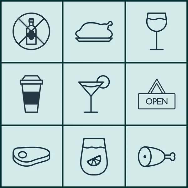 Set de 9 iconos para comer. Incluye pollo frito, limonada, vino y otros símbolos. Hermosos elementos de diseño . — Archivo Imágenes Vectoriales