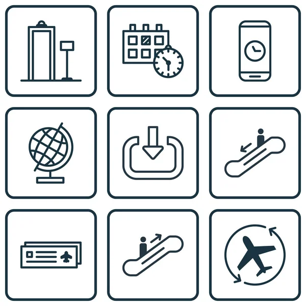 Conjunto de 9 iconos de viaje. Incluye flecha de avión, duración de la llamada, escáner de seguridad y otros símbolos. Hermosos elementos de diseño . — Vector de stock