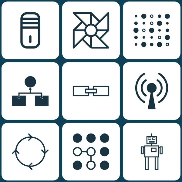 Set von 9 Robotik-Symbolen. umfasst Großrechner, variable Architektur, Analysediagramm und andere Symbole. schöne Gestaltungselemente. — Stockvektor