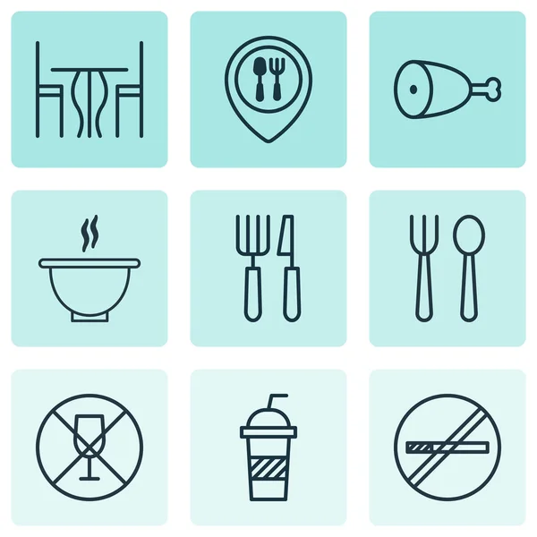 Conjunto de 9 ícones de refeição. Inclui casa de comer, faca de garfo, sala de jantar e outros símbolos. Elementos de design bonito . — Vetor de Stock