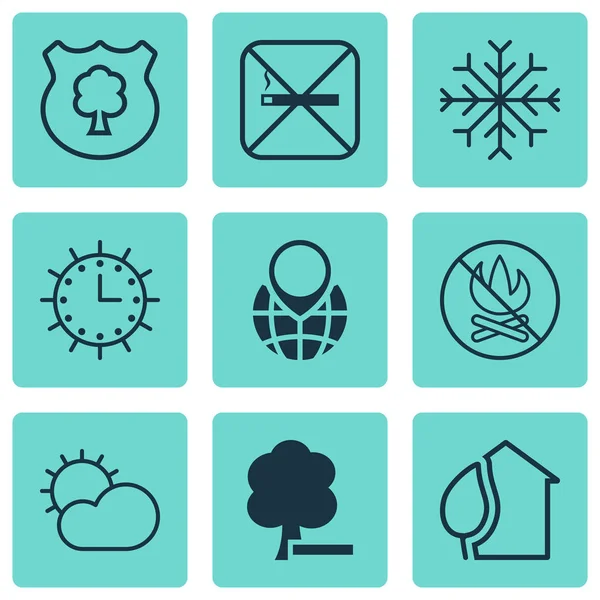 Set van 9 Eco iconen. Bevat duidelijke klimaat, sneeuw, zon klok en andere symbolen. Mooie designelementen. — Stockvector