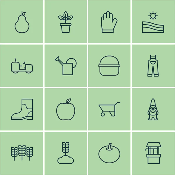 Set von 16 Gartensymbolen. enthält Agrarmotoren, Getreide, Verpackungen und andere Symbole. schöne Gestaltungselemente. — Stockvektor