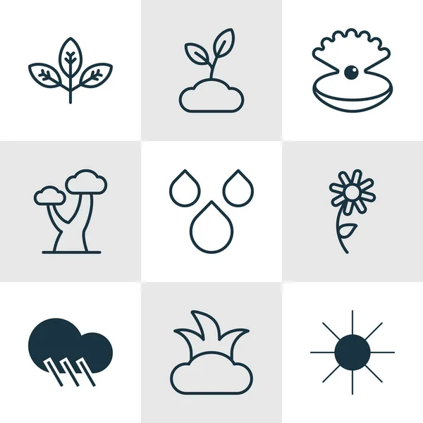 Set di 9 icone della natura. Include germogli, sole, gocce d'acqua e altri simboli. Bellissimi elementi di design . — Vettoriale Stock
