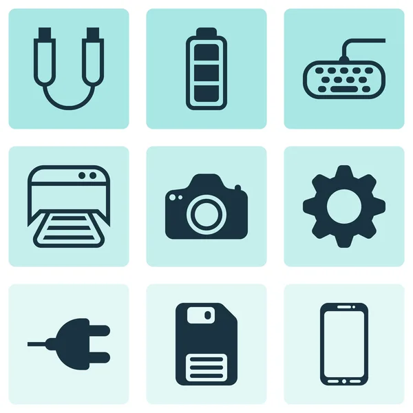 Set Of 9 Computer Hardware Icons. Includes Accumulator Sign, Computer Keypad, Connector And Other Symbols. Beautiful Design Elements. — Stock Vector