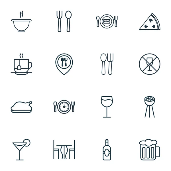 Conjunto de 16 iconos de la alimentación. Incluye copa de vino, cóctel, casa de comer y otros símbolos. Hermosos elementos de diseño . — Vector de stock